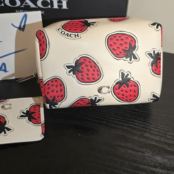 Coach Strawberry Print Cosmetic Bag and Essential Card Case - Picture 2 of 5